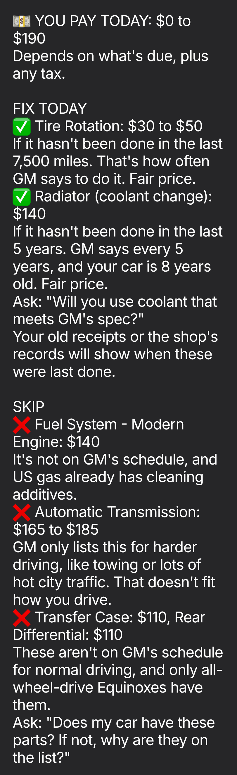 Text from Backseat Mechanic sorting a real estimate: you pay today $0 to $190 plus any tax, fix today if due (tire rotation, coolant change), and skip (fuel system cleaning, transmission service, transfer case and rear differential).
